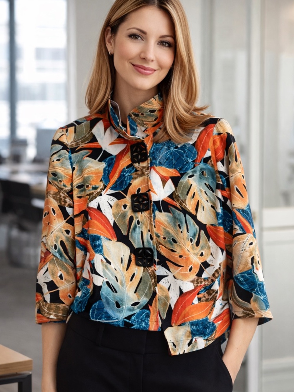 Modern Multicolor Tropical Elevated Jacket Shirt 4 Top Office Statement Blouse M